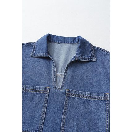Blue Short Sleeve Collared Patched Pocket Denim Mini Dress