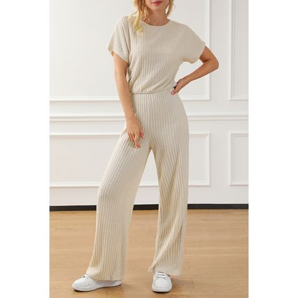 Oatmeal Ribbed Keyhole Short Sleeve Wide Leg Jumpsuit