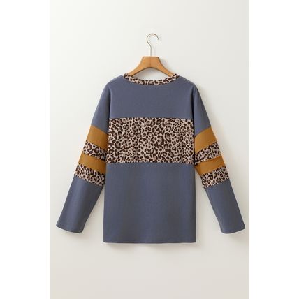 Dark Blue Leopard Colorblock Patchwork Long Sleeve Drop Shoulder Top