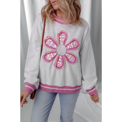 Gray Flower Patch Contrast Trim Crew Neck Sweatshirt