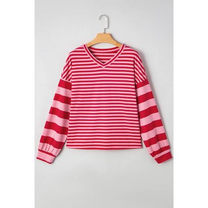Strawberry Pink Mix Striped Drop Shoulder Patchwork Sleeve V Neck Pullover