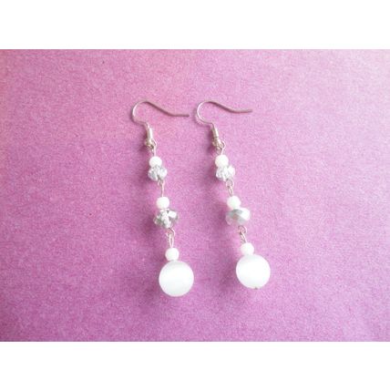 Handmade White Cats-Eye Glass Bead, Dangling Earrings. SP Hook Ear-Wires.