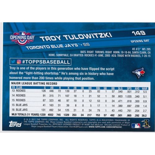 2017 Topps Opening Day 149 Troy Tulowitzki Toronto Blue Jays