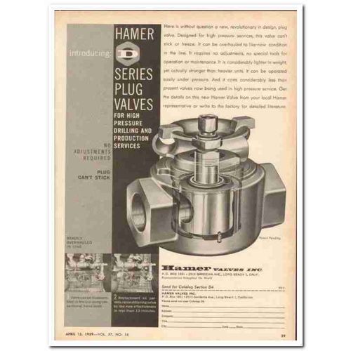 HAMER VALVES INC 1959 high pressure drilling production oil vintage ad