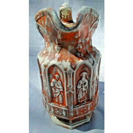 Vintage Embossed Catholic Saints Water Pitcher Religious Ceramic Orange/White