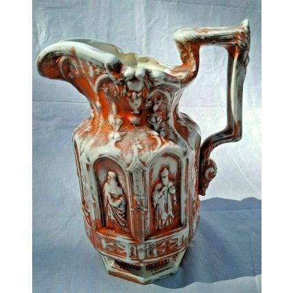 Vintage Embossed Catholic Saints Water Pitcher Religious Ceramic Orange/White