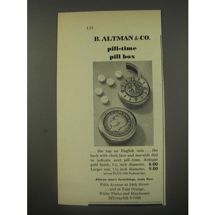 1956 B. Altman & Co. Pill-time Pill Box Advertisement