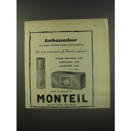 1956 Monteil Perfume Advertisement - Ambassadeur The new Pocket-Size Flaconette
