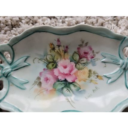 Small Vintage Flowered Oval Unique Decorative Plate Hand Painted Autographed