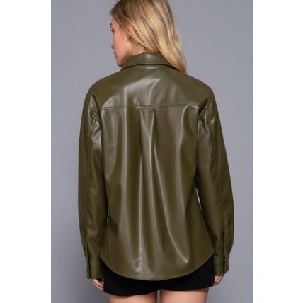 Long Slv Faux Leather Shacket