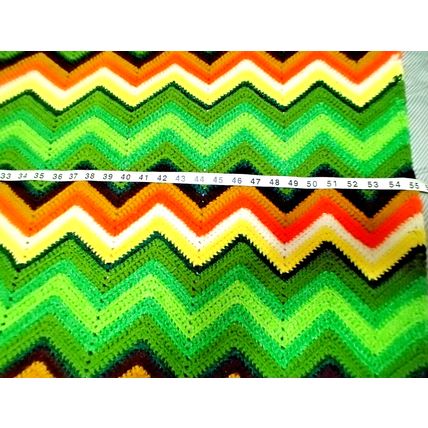 Crochet Handmade Dona Warner Chevron Afghan 55"x68" Green Yellow Brown White Tan