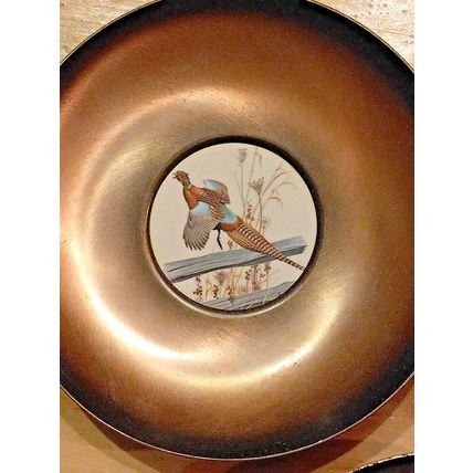 Vintage Brass Serving Bowl Tableware Brushed Gold Lot Of 3 Flying Pheasant Bird