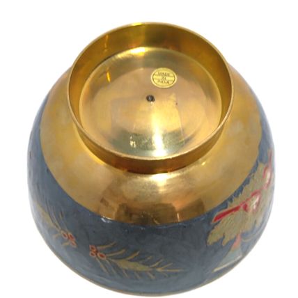 Vintage Cloisonne Enamel Brass Round Bowl Bugle Horn & Holly 5.5 " x 3.25" India