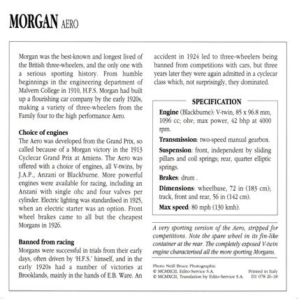 Collectors Club card. Classic Cars. Morgan Aero