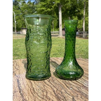 VTG Emerald Green Glass Vase Set- Quilted Diamond Pattern #4095 & Crinkle Glass