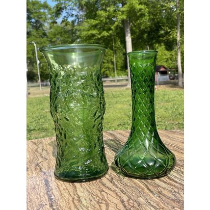 VTG Emerald Green Glass Vase Set- Quilted Diamond Pattern #4095 & Crinkle Glass