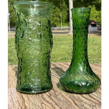 VTG Emerald Green Glass Vase Set- Quilted Diamond Pattern #4095 & Crinkle Glass
