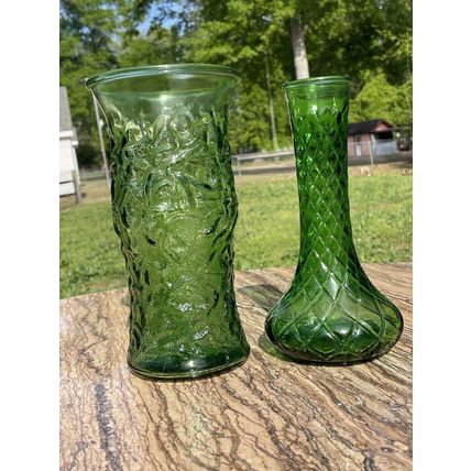 VTG Emerald Green Glass Vase Set- Quilted Diamond Pattern #4095 & Crinkle Glass