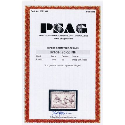 RW20, Mint XF/Superb NH $2 Duck Stamp - PSAG Graded 95 * Stuart Katz