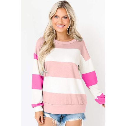 Light Pink Colorblock Striped Drop Shoulder Long Sleeve Top