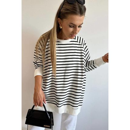 Black Stripe Raglan Sleeve Side Slits Loose Sweatshirt