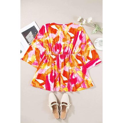 Orange Abstract Print 3/4 Sleeve V Neck Ruffled Babydoll Blouse