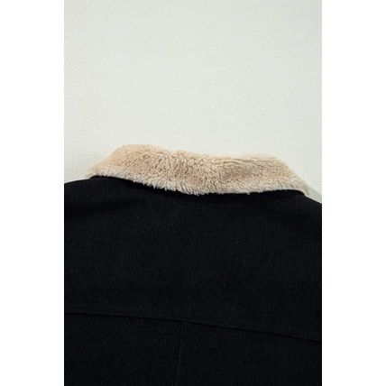 Black Fleece Lined Button-up Collared Corduroy Crop Jacket