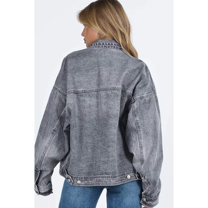 Gray Chest Pockets Drop Shoulder Loose Denim Jacket