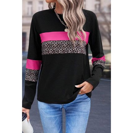 Rose Leopard Colorblock Patchwork Crew Neck Long Sleeve Tee