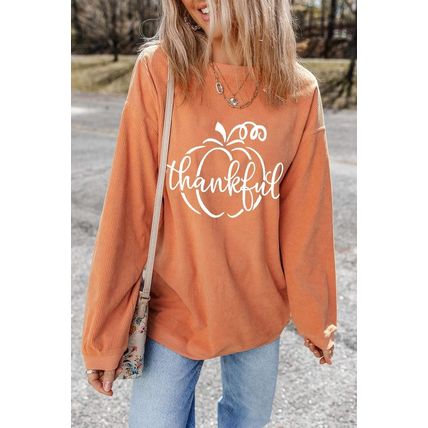 Orange Pumpkin thankful Graphic Corded Thanksgiving Sweatshirt