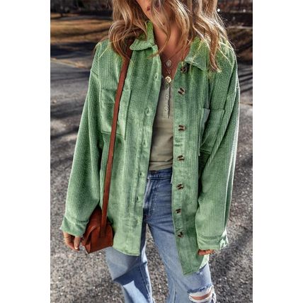 Mist Green Patched Pocket Button Up Corduroy Shacket