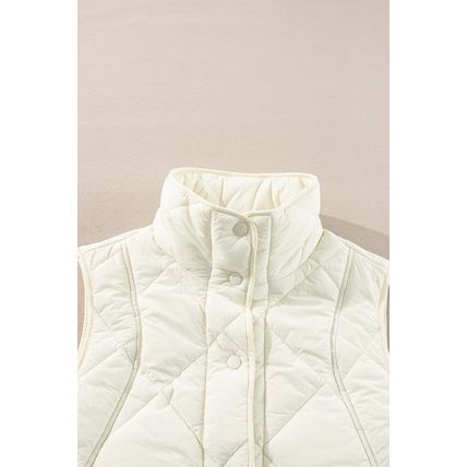 Beige Quilted High Neck Button Up Pocket Vest Coat