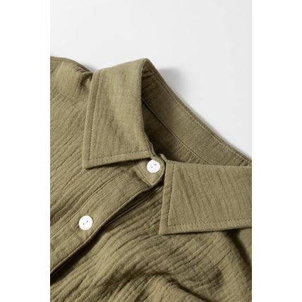 Jungle Green Textured Bracelet Sleeve Collared Button Up Dual Tied Mini Dress