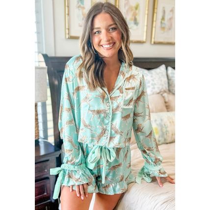 Green Leopard Satin Ruffle Pajama Short Set