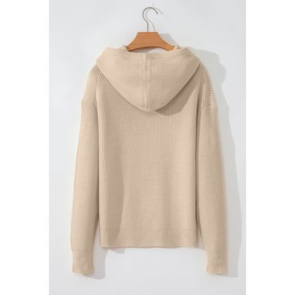 Beige Solid Color Drawstring Hooded Drop Shoulder Pullover Sweater