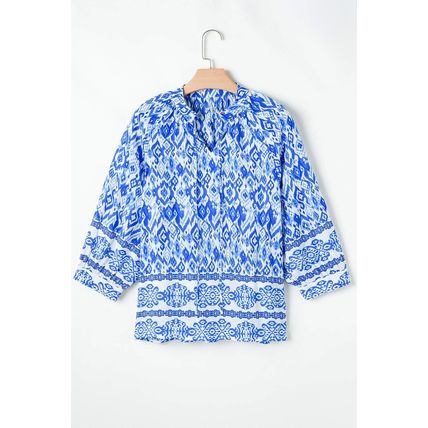 Blue Boho Printed 3/4 Sleeve Tied Neck Blouse