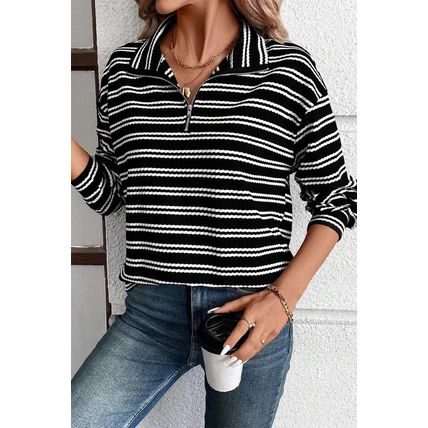 Black Stripe Textured Quarter Zip Collar Long Sleeve Top