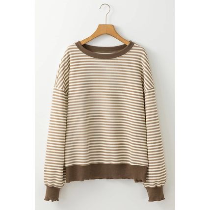 Brown Stripe Loose Drop Shoulder Long Sleeve Top