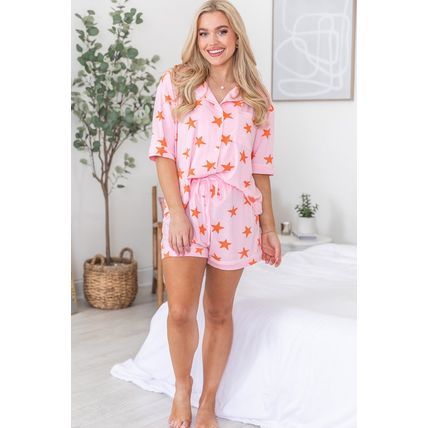Pink Stars Short Sleeve Shirt and Shorts Bamboo Pajama Set
