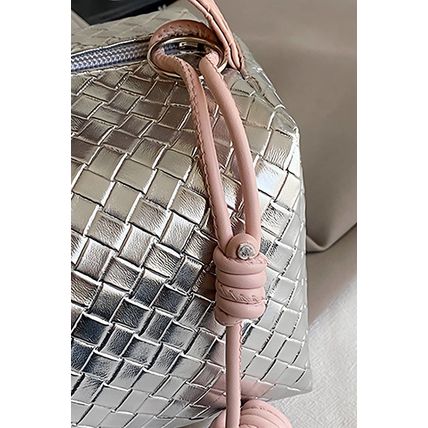 Silvery Lattice Texture Corded Ball Decor Weaven Handle Cosmetic Bag
