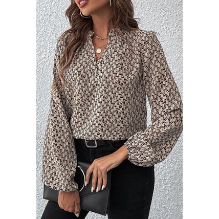 Khaki Geometric Print Notched Neck Puff Sleeve Blouse