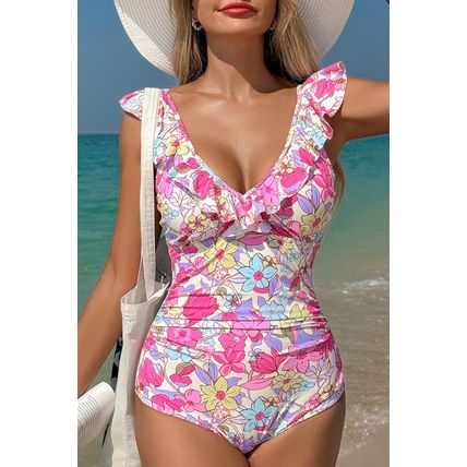 Pink Floral Ruffle Trim V Neck Lace-up Back Tummy Control One Piece Swimsuit
