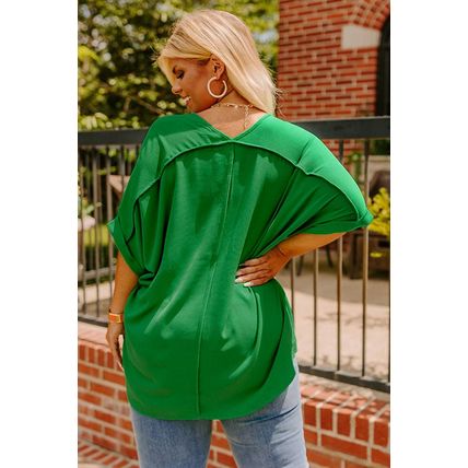 Green Seamed Back High Low Hem V Neck Cuffed Sleeve Plus Size Tee