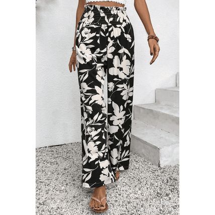 Black Floral Print Smocked High Waist Wide Leg Pants