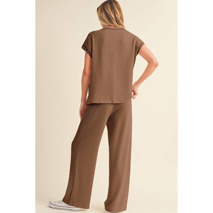 Coffee Solid Color Corded Short Sleeve Top and Casual Pants Set