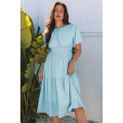 Light Blue Puff Sleeve Pleated High Waist Flowy Midi Dress