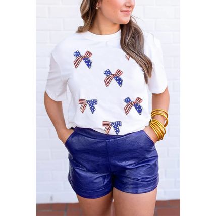 White Sequin Flag Bow Pattern Crew Neck Patriotic Tee