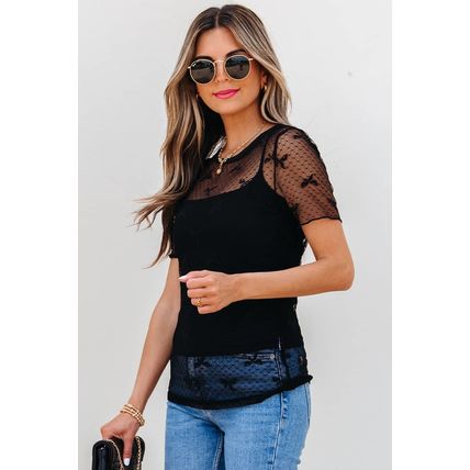 Black Bow Knot Dotted See-through Mesh Patched Slim Fit Blouse