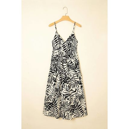 Khaki Tropical Palm Print Wrapped V Neck Spaghetti Straps Tiered Dress