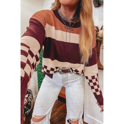 Brown Checkered Color Block Knitted Drop Shoulder Sweater
